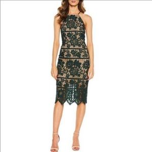 forest green lace overlay midi dress halter